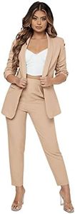 SweatyRocks Women's 2 Piece Solid Ruched Sleeve Blazer and Pants Business Office Suit Set Khaki L