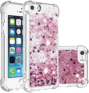 COTDINFOR Compatible with iPhone 5S Liquid Case Glitter Sparkle Floating Bling Quicksand Flowing Shockproof Phone Cover for Phone 5 / 5S Case TPU Love Rose Gold YBWTLS.