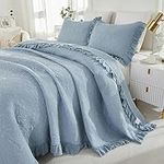 Brandream Blue Quilts Set Queen Size Bedspread Set Cotton Matelasse Bedding Luxury Ruffle Farmhouse Bedding Set 3-Piece