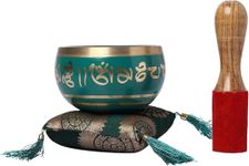 KPAVIR Hand Painted Metal Tibetan Buddhist Singing Bowl Musical Instrument for Meditation with Stick and Cushion 4 Inches(Green)