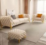 M.R.J. Crafts Modern Classic 4 Seater Fabric & Velvet Tufted 3+1+1Footrest Chesterfield Sofa Living Room And Office (Off Wht) (Pillows Not Included), Off White