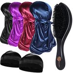 4+2 Silky Durags with Wave Brush for Men 360, Curved Medium/Hard Hair Brush Kits,B