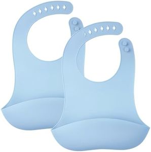 Mombella Baby Bibs, Silicone Bibs For Babies 6 Months Up With Adjustable Neck Strap 6 M+, Waterproof Soft Toddler Bibs For Boys Eating, Non-Toxic Feeding Bib Essentials, Blue, 2 Pack