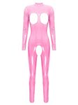 CHICTRY Women Wet Look Patent Leather Sleeveless Zipper Full Body Leotard Bodysuit Jumpsuit Clubwear 11# Hot Pink B M