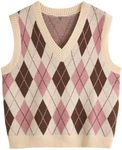 SweatyRocks Women's Plaid Geo Sleeveless V Neck Knit Crop Top Sweater Vest Beige and Pink X-Large