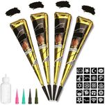 Black Tattoo Cones, Yomagine 4Pcs Black Temporary Tattoo Kit, 100% Natural Ready to Use Black Tattoo Paste, India Body DIY Art Painting for Women Men Kids with 20 Adhesive Stencils, 1 Bottle, 4Nozzles