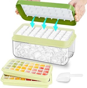 Ice Cube Tray with Lid and Bin, 64 pcs Ice Tray Kit with Ice Scoop, Ice Cube Pop Out Tray, Ice Cube Trays for Freezer, Ice Cube Molds, BPA Free, Easy Release Stackble Spill-Resistant ZZWILLB (Green)