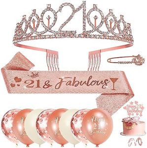 21 Cumpleaños Corona Banda,Decoracion 21 Años Cumpleaños Chica,Beige Oro Rosa Corona 21 Anni Banda Cumpleaños Globos, 21 Años Cumpleaños Decoracion Niña