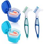 KISEER 2 Pack Denture Bath Case Cup Box Holder Storage Container with Denture Cleaner Brush Strainer Basket for Travel Cleaning (Light Blue and Blue)