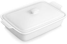 MALACASA 3.4 Quart Baking Dish With Lid, Porcelain Casserole dish with Lid, 13 x 9 Lasagna Pan Deep with Lid, Rectangular Bakeware With Handle, Microwave, Oven Safe, White, Series BAKE