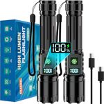 Torch Rechargeable 2 Pack, Torches Led Super Bright 500000 High Lumens, 5 Modes Zoomable Flashlight with LCD Display, Long Lasting, IPX7 Waterproof, Powerful Tactical Flashlight for Camping, Hiking
