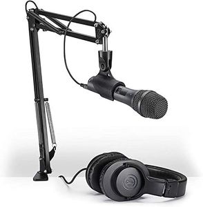 Audio-Technica AT2005USBPK Vocal Microphone Pack for Streaming/Podcasting, Includes USB and XLR Outputs, Adjustable Boom Arm, & Monitor Headphones,Black