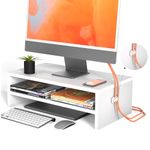 Rathsyme Monitor Stand - 2 Tier Computer Monitor Riser with 16.7 Inch Shelf, Wood Desktop Stand for PC Laptop TV Screen Riser Desk Organization, Office Supplies, White