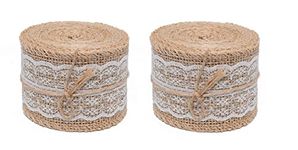 ATWOZEE Natural Jute Burlap Ribbon with White Lace - Pack of 2