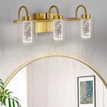 3 Light Brushed Gold Vanity Lights, Bathroom Light Fixtures Crystal Bubble Glass Dimmable 3 Color Temperatures Modern Bathroom Wall Sconce for Bathroom Hallway Kitchen Bedroom Living Room