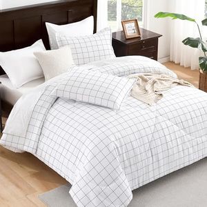 Andency White Grid Comforter Set Twin Size (66x90 Inch), 2 Pieces(1 Grid Comforter and 1 Pillowcase), Summer Lightweight Microfiber Down Alternative White Comforter with Black Lines for Kids Girls