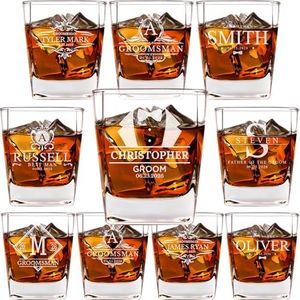 Personalized Groomsmen Whiskey Glass Gifts - Custom Engraved Square Bottom Glass for Wedding - 12 oz Bourbon, Scotch Glass - Groomsman Favors - Set of 10