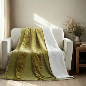 Tache Green Sherpa Bed Blanket - Earth Day - Chartreuse Embossed Cozy Light Olive Green Luxury Super Soft Warm Decorative Queen Size Flannel Throw Blanket - 90X90 Inch