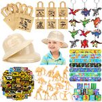 Moltby 120Pcs Dinosaur Birthday Party Supplies Favors, Dinosaur Tote Goodie Bags Safari Hats Fossil Skeletons Keychain for Kids Boys, Safari Explorer Dinosaur Party Decorations for Kids Birthday