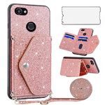 Asuwish Phone Case for Google Pixel 2XL Wallet Cover with Tempered Glass Screen Protector and Crossbody Strap Lanyard Bling Glitter Credit Card Holder Stand Cell Pixle 2 XL Pixel2XL Pixel2 LX Pink