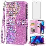 Asuwish Phone Case for Motorola Moto G Pure 2021 Wallet Cover with Screen Protector and Wrist Strap Bling Glitter Flip Zipper Card Holder Cell MotoGPure MotoG GPure XT2163DL 6.5 Women Girls Pink