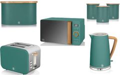 Swan Products Nordic 7 Piece Kitchen Set in Green Including 1.7L Jug Kettle, 2 Slice Toaster, 800W 20L Microwave, Bread Bin & Tea, Coffee, Sugar Canisters. Scandinavian Style Matching