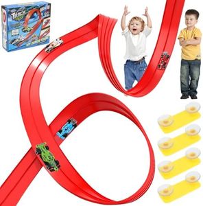 Flexible Race Track 13 Ft Starter Set, Car Truck Track Compatible with Hot Wheels and Diecast 1/64th Cars, Classic Long Roll Up Race Track with 4 Cars and 12 Suckers, Gifts for Kids Toddlers