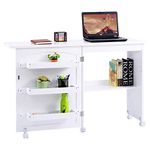 Multigot Folding Sewing Table, 2-in-1 Mobile Craft Table with Open Shelves and Rolling Casters, Sewing Machine Cabinet Computer Desk for Home Office (White)