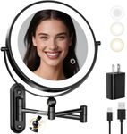 Rocollos 9-Inch Large Makeup Mirror with 30X Magnification, Rechargeable Wall Mounted Vanity Mirror with Lights, 3 Color Dimmable LED, Touch Screen & Retractable Arm-Black (9INCH-Black)