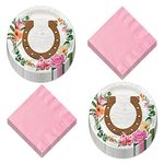 HOME & HOOPLA Horse Party Wood and Floral Party Horseshoe Paper Dessert Plates and Pink Beverage Napkins (Serves 16)