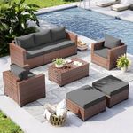 UDPATIO Outdoor Furniture 6 Pieces Patio Furniture Set with Ottoman, Wide Armrest Rattan Patio Set 7 Seats with Storage Table for Porch Backyard Grey