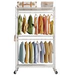 Tophorse T1 Heavy Duty Rolling Clothes Rack, Double Rods Clothing Rack for Hanging Clothes, Adjustable Metal Wire Garment Rack with Lockable Wheels & Side Hooks, Freestanding Portable Closet Rack.