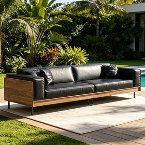NessCarsti 106.3" Outdoor 4 Person Patio Sofa with Wood Frame and Metal Legs, Waxed Leather Couch with 4-Seater for Pool Balcony Lounge and Backyard Use Black