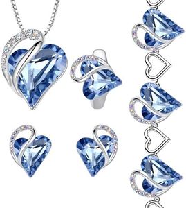Leafael Infinity Love Heart Necklace, Stud Earrings, Bracelet, and Ring Set, March Birthstone Crystal Jewelry, Silver Tone Gifts for Women, Light Sapphire Blue