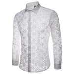 Men's See Through Button Down Collar Shirt Sexy Night Club Party Long Sleeve Lace Sheer Mesh Casual Top(White,XX-Large)