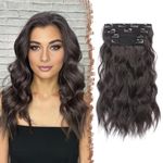 FESHFEN Clip in Hair Extensions 4PCs Long Wavy Thick Hair Piece Highlighted Full Head Synthetic Natural Curly Natural Black Extension for Women, 16 Inch