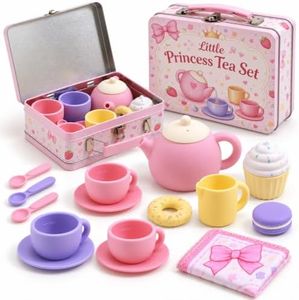 Paisure Silicone Tea Set for Girls 2+, Princess Tea Party Pretend Play Set with Tin Box and Play Mat, Kids Kitchen Accessories, Christmas Birthday Gifts for Girls Ages 2 3 4 5