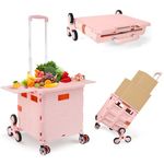 Foldable Utility Cart with Stair Climbing Wheels,Collapsible Rolling Crate with Magnetic Lid Telescopic Cover,Telescoping Handle,360° Rotate Wheel Hand Cart for Teacher Shopping Moving Grocery(Pink)