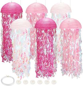 6pack Pink Jellyfish Lanterns, Under The Sea Party Decorations with Hooks+Rope, Hanging Jellyfish Paper Lanterns for Mermaid Party Ocean Beach, Birthday Baby Shower Baby Room