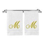 Monogrammed Hand Towel, Personalized Gift, 16 x 30 Inches - Set of 2 - Gold Embroidered Towel - Extra Absorbent 100% Turkish Cotton- Soft Terry Finish - for Bathroom, Kitchen and Spa- Script M White