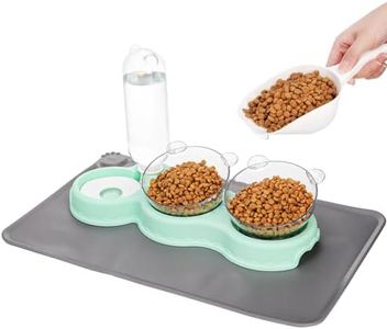 WRINGKIT Cat Food Water Bowl, Triple Cats Bowls with Mat and Scoop, 15° Tilted Raised Cat Bowl Dishes with Automatic Water Bottle, Pet Feeding Bowls for Cats, Small Dogs, Wet, Dry Food