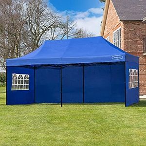 Harrier Luxury Pop Up Gazebo - 3m x 6m Large Gazebo + Adjustable Height | 4x Colours - White, Grey, Blue, Green | Plain & Window Side Panels | Travel Bag Included (1x Plain + 2x Window Sides, Blue)
