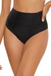 BECCA Women's Standard Color Code High Waisted Bikini Bottom, Shirred Seam, Cheeky Coverage, Swimwear Separates, Black, Large