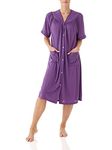 AmeriMark Women Calf-Length Snap Front Duster Bathrobe – Plush Loose-Fitting Housecoat Full Coverage Bath Robe Patch Pockets, Purple, Medium