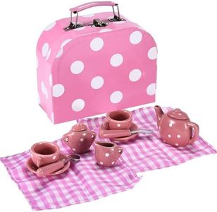 Jewelkeeper Tea Set for Little Girls - 14 pcs. Porcelain Tea Set for Kids Tea Time Includes Teapot, 2 Tea Cup and Saucers, 2 Spoons, 2 Napkins, Creamer and Sugar Bowl. Pink Polka Dot Tea Party Set