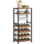 HOOBRO Wine Racks, Wine Holder Display Storage Shelves, Wooden Wine Shelf, 16 Bottle Wine Storage Rack with Glass Holder, Bar Shelves, Tall, Industrial, for Kitchen, Cellar, Rustic Brown EBF04JJ01