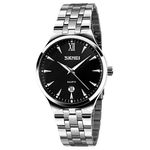 SKMEI Men's Brand Luminous Business Watch Waterproof Stainless Steel Band Date Display Quartz Wristwatch, Silver+Black, Classic