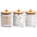 Tbestmax 10 Oz Cotton Swab/Ball/Pad Holder, Qtip Apothecary Jar, Clear Bathroom Containers Dispenser for Storage 3 Pack Wood Lids