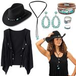 7Pcs Western Cowgirl Costume Set, 70s Hippie Fancy Dress Accessories for Women with Tassel Vest Cowgirl Hat Bohemian Turquoise Necklace Earrings Rings Bracelets for Cosplay Carnival Halloween