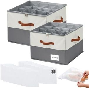 2Pack Shoe Storage Box with 32 Shoe Bags,TINY SPARK Adjuistable Shoes Organiser,Foldable Shoe Boxes with Clear Cover for Closet Storage with Leather Handles, Fits 8-16 Pairs,Gray+Beige,43 * 43 * 31cm